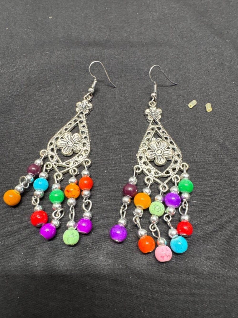 Silver Filigree Dangle Earrings With Multicolor Beads Boho Chic Earrings For Wom